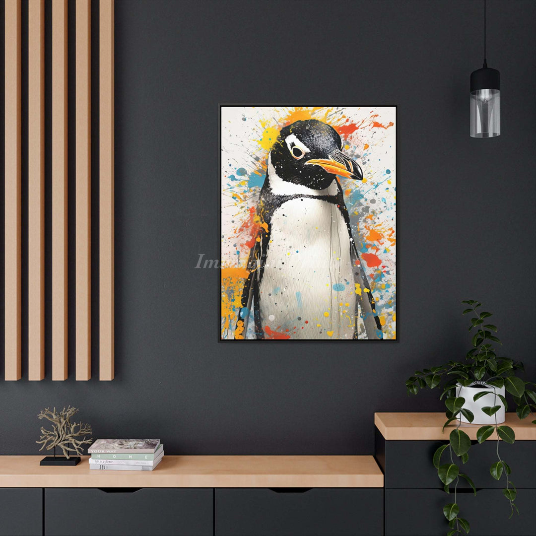 Penguin Splatter Portrait (Framed Canvas Print)